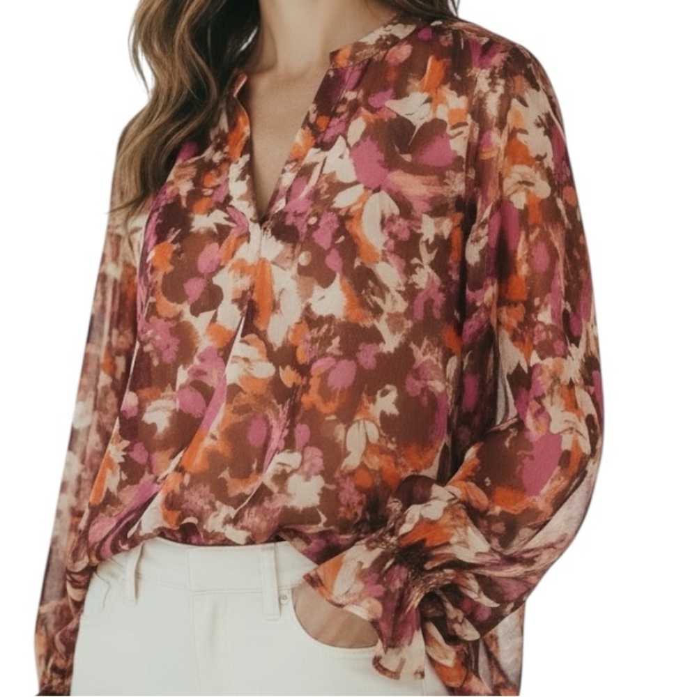 NWT VINCE CAMUTO Brown Floral Long Ruffle Sleeve V-Neck Lined Blouse Size Medium